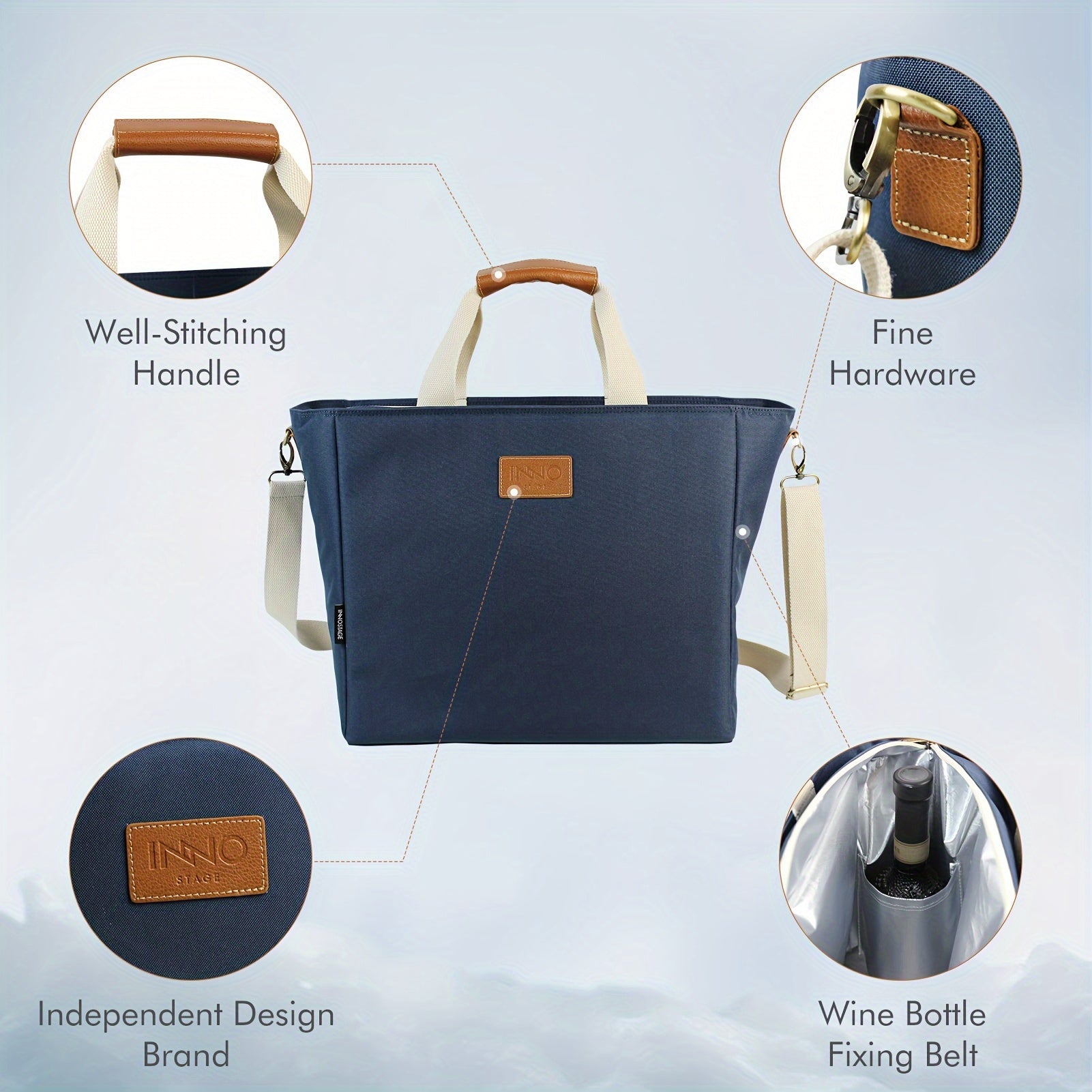 40L Insulated Picnic Cooler Tote Bag Navy Faux Leather Handles