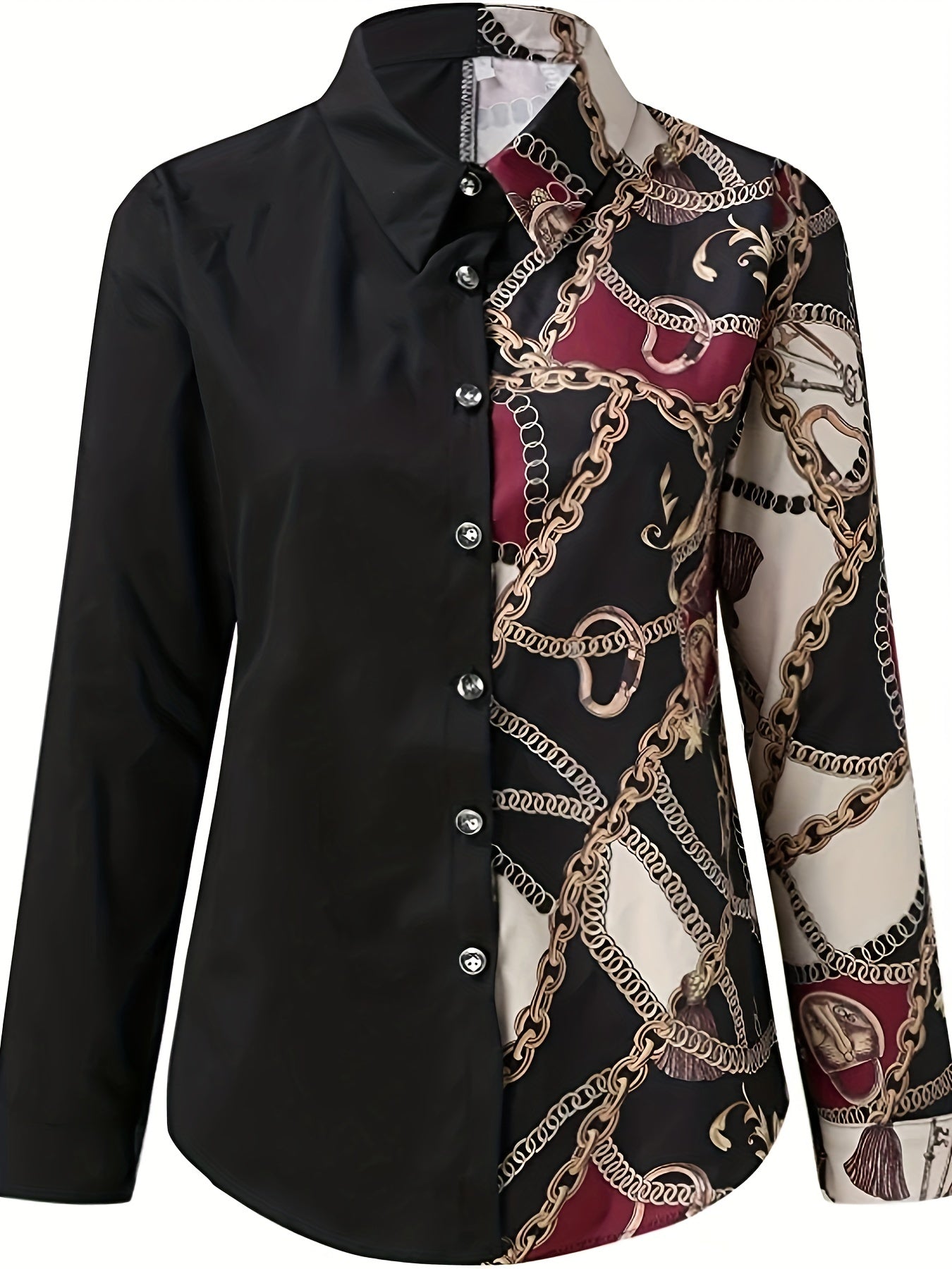  Colorblock Baroque Print Button Up Blouse
