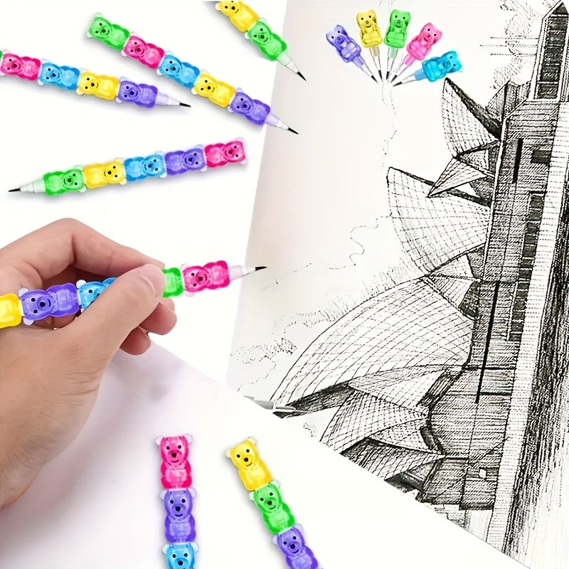 10pcs Bear Shaped Plastic Pencils Multicolor Stackable Ergonomic Grip