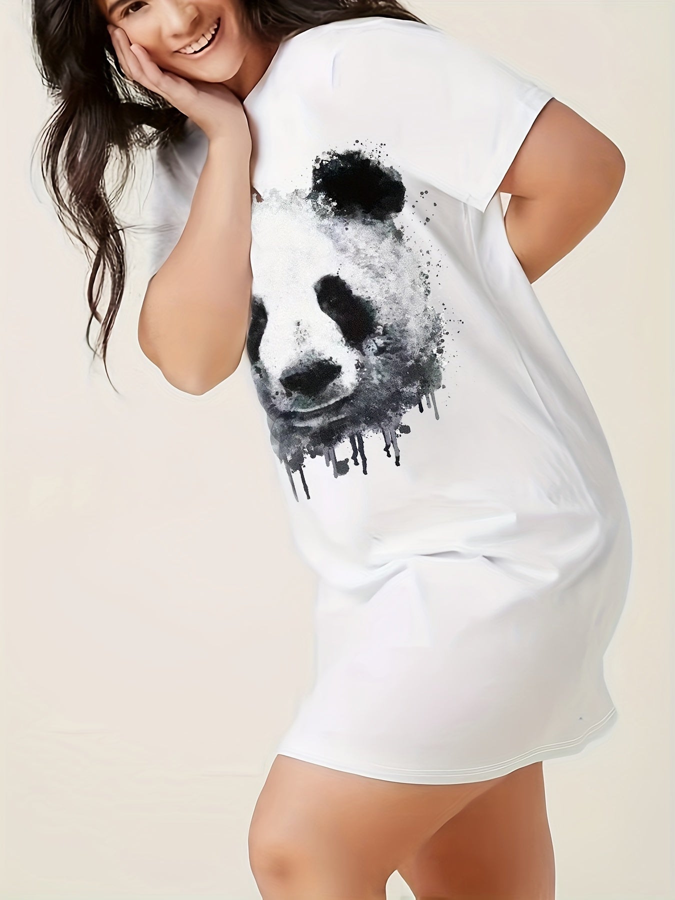  Casual Dress Women's Plus Panda Print Tee Dress