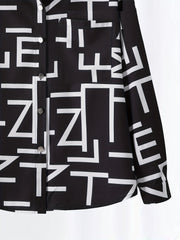  Letter Print Button Up Collar Blouse