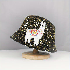 Alpaca Embroidery Sequin Bucket Hat Glitter Fisherman Cap