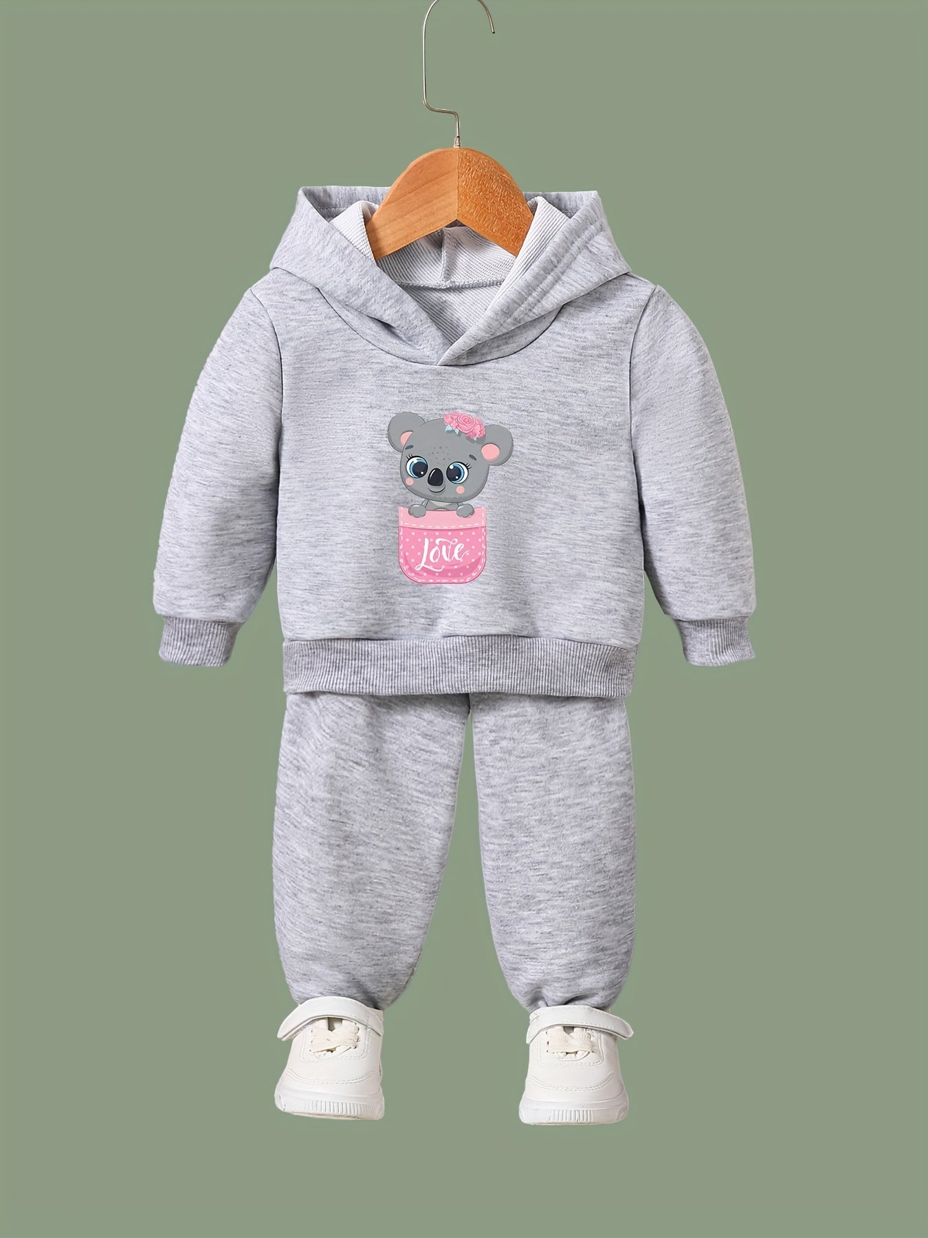 Kid's 2pcs Cat & Heart Print Long Sleeve Outfit Hoodie & Pants Set
