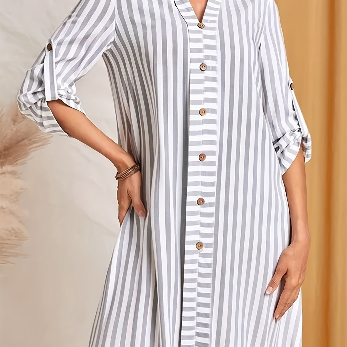  Women's Stripe Print Polo Neck Dress