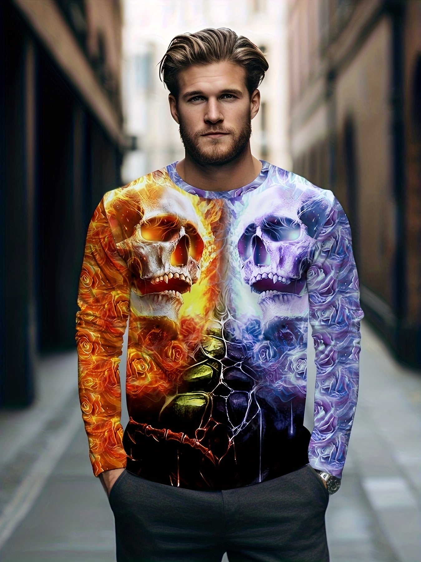 Block Skull 3d Print Men's Long Sleeve Novelty T shirt For Autumn