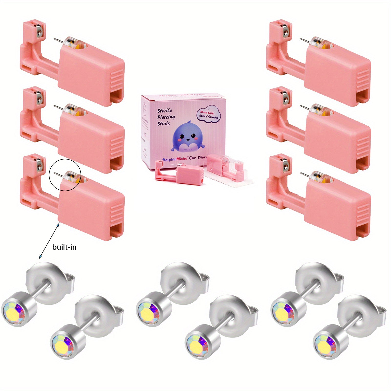 6PCS Pink Ear Piercing Kit Disposable Self Ear Piercing Gun Kit