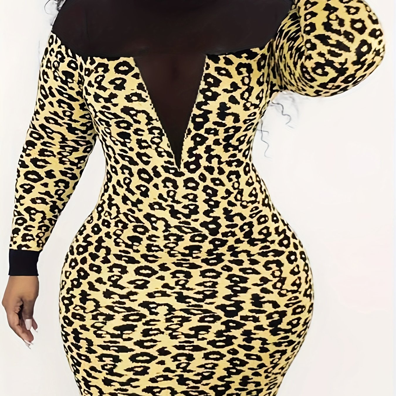  Colorblock Leopard Print Mesh Sleeve Bodycon Dress