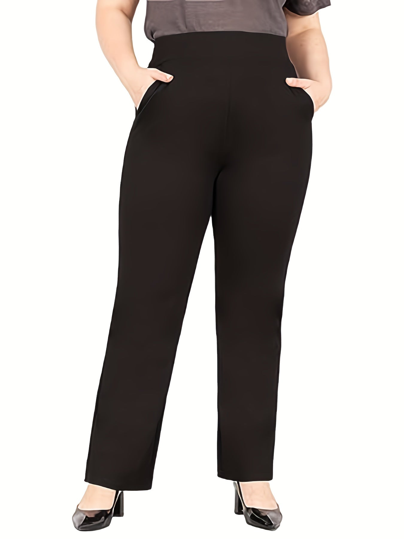  Solid High Rise Stretch Workwear Pants With Pockets