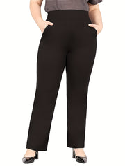  Solid High Rise Stretch Workwear Pants With Pockets