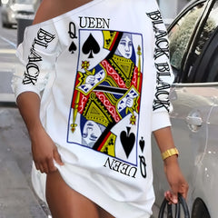  Sexy Dress Women's Plus Poker Print One Shoulder Long Sleeve Mini