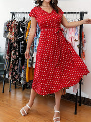  Floral Print V-Neck Short Sleeve Dress With Belt