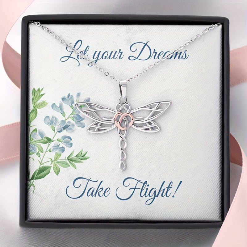 Dragonfly Pendant Bicolor Stainless Steel Chain Gift Necklace Card