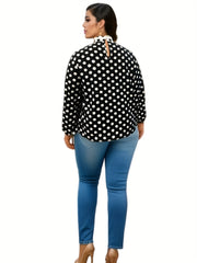  Colorblock Dot Print Lantern Sleeve Top