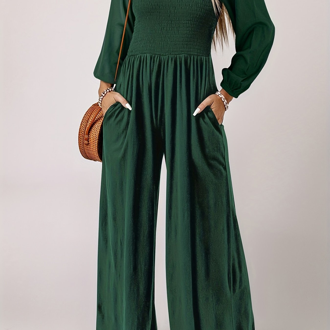  Solid Long Sleeve Square Neck Wide Leg Jumpsuit With Belt