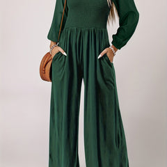  Solid Long Sleeve Square Neck Wide Leg Jumpsuit With Belt