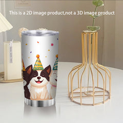 20oz Stainless Steel Mug Smiling Dogs Party Hats Leakproof Lid Travel Cup