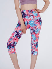 Boho Flower Print Capris Leggings High Waist Elastic Bottoms