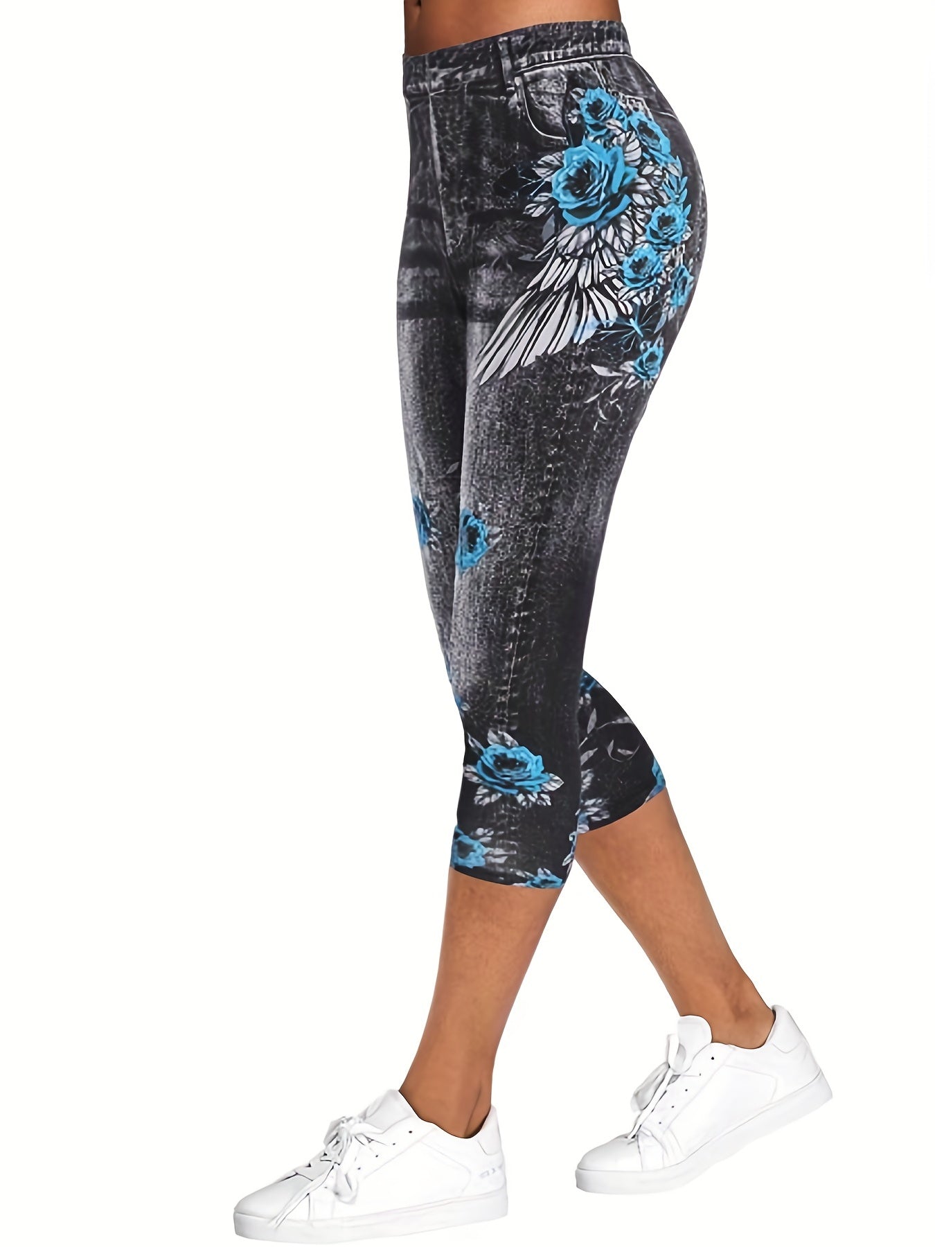  Denim Print Clam Digger Leggings, Women's Plus