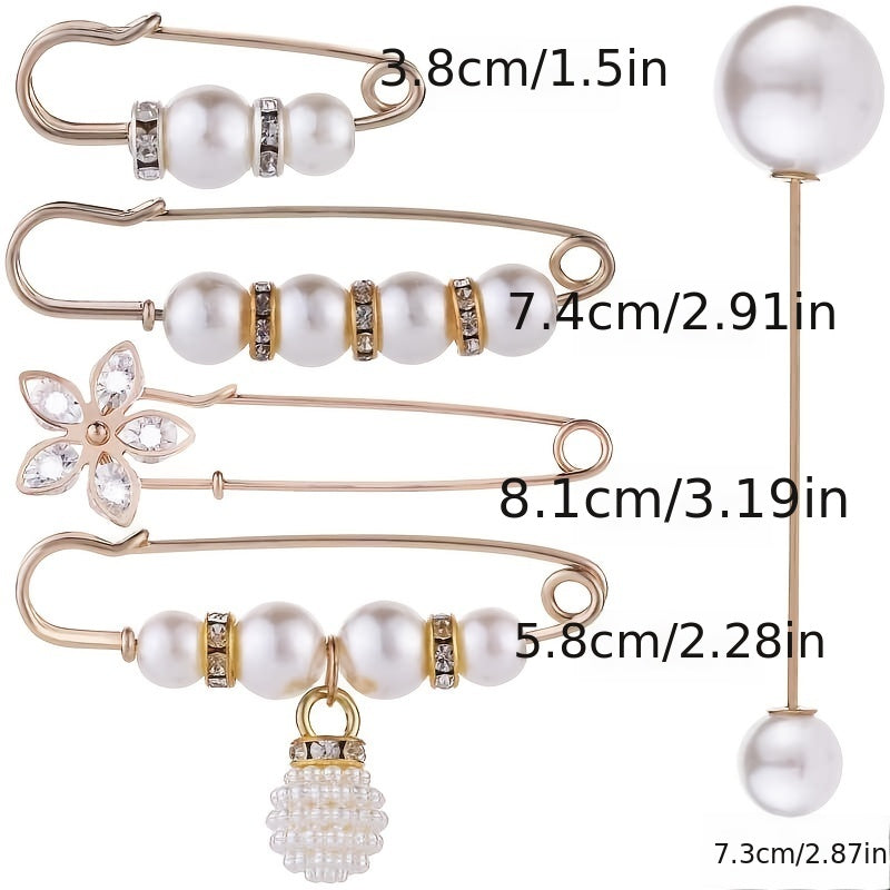 4pcs Faux Pearl Brooch Pins Sweater Shawl Jeans Clips Rhinestones Collar Safety