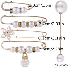 4pcs Faux Pearl Brooch Pins Sweater Shawl Jeans Clips Rhinestones Collar Safety