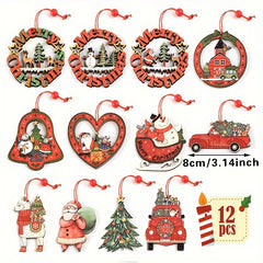 12pcs Wooden Christmas Tree Ornaments Cartoon Santa Claus Snowman
