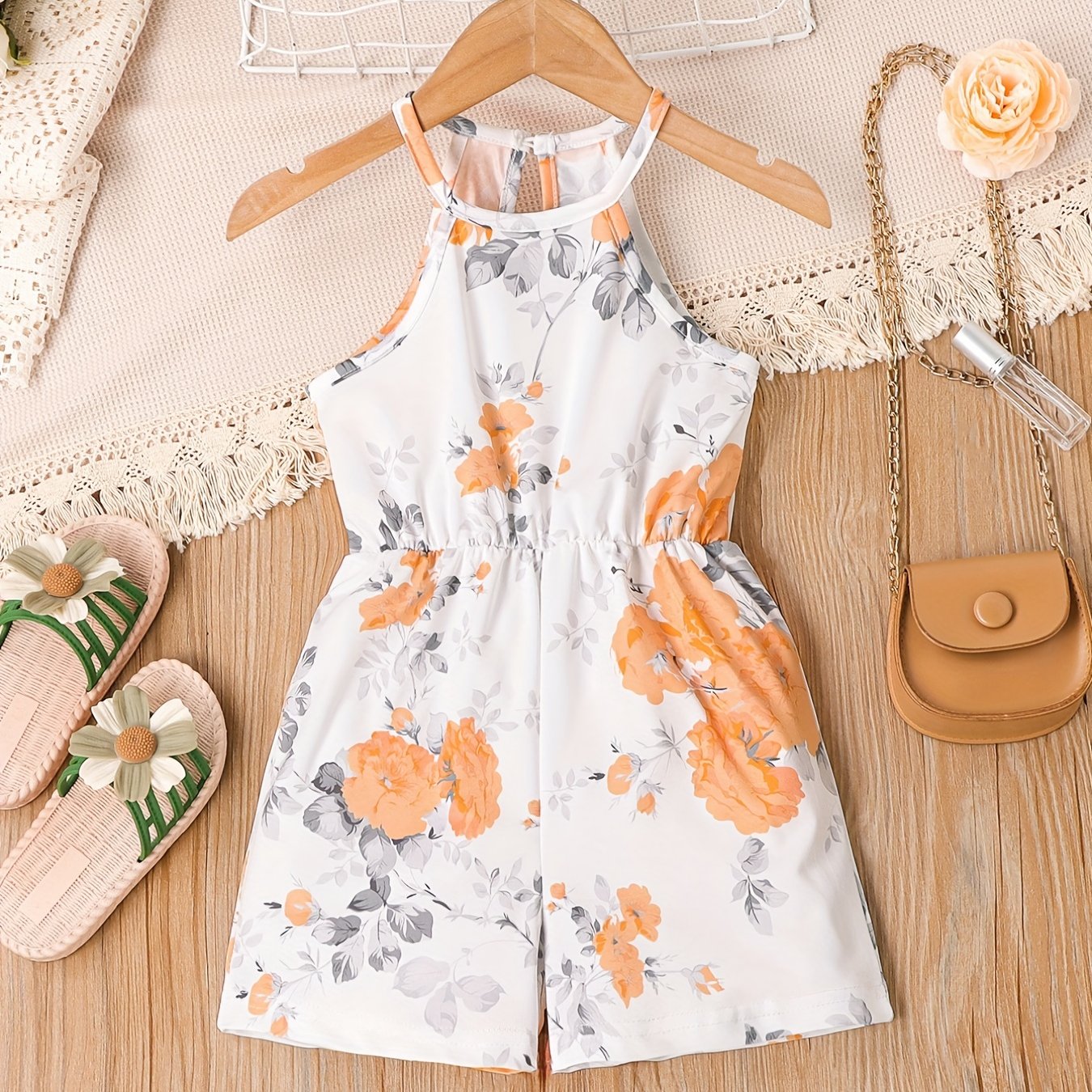 Girls Flower Pattern Halter Jumpsuit For Beach Vacation Kids Summer Clothes