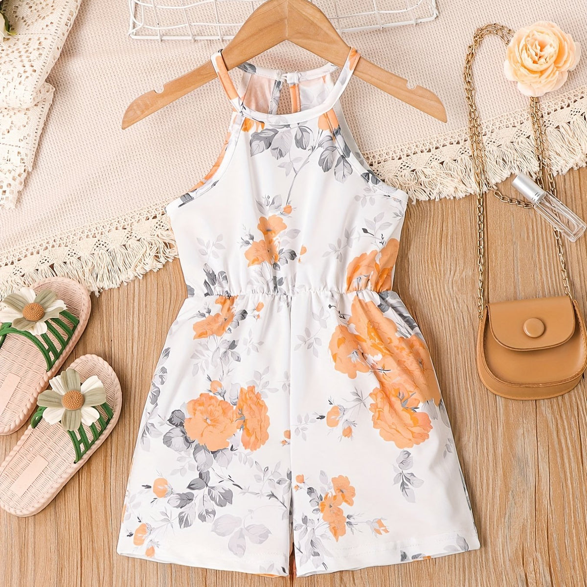 Girls Flower Pattern Halter Jumpsuit For Beach Vacation Kids Summer Clothes