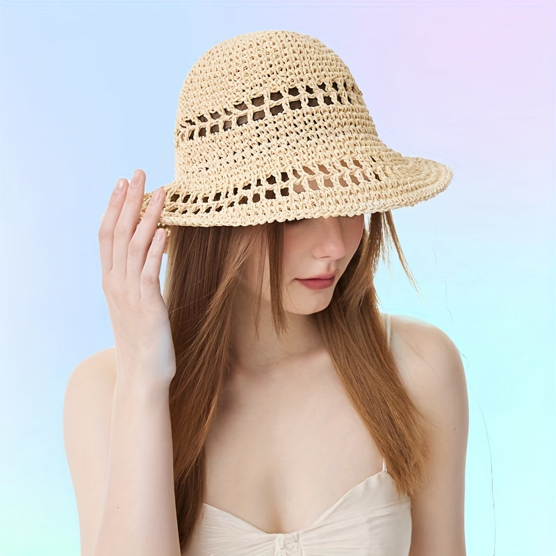 Apricot Sun Hat Wide Brim Straw Bucket Hat Lightweight Breathable for Women