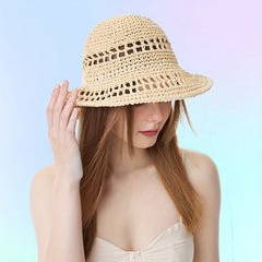Apricot Sun Hat Wide Brim Straw Bucket Hat Lightweight Breathable for Women