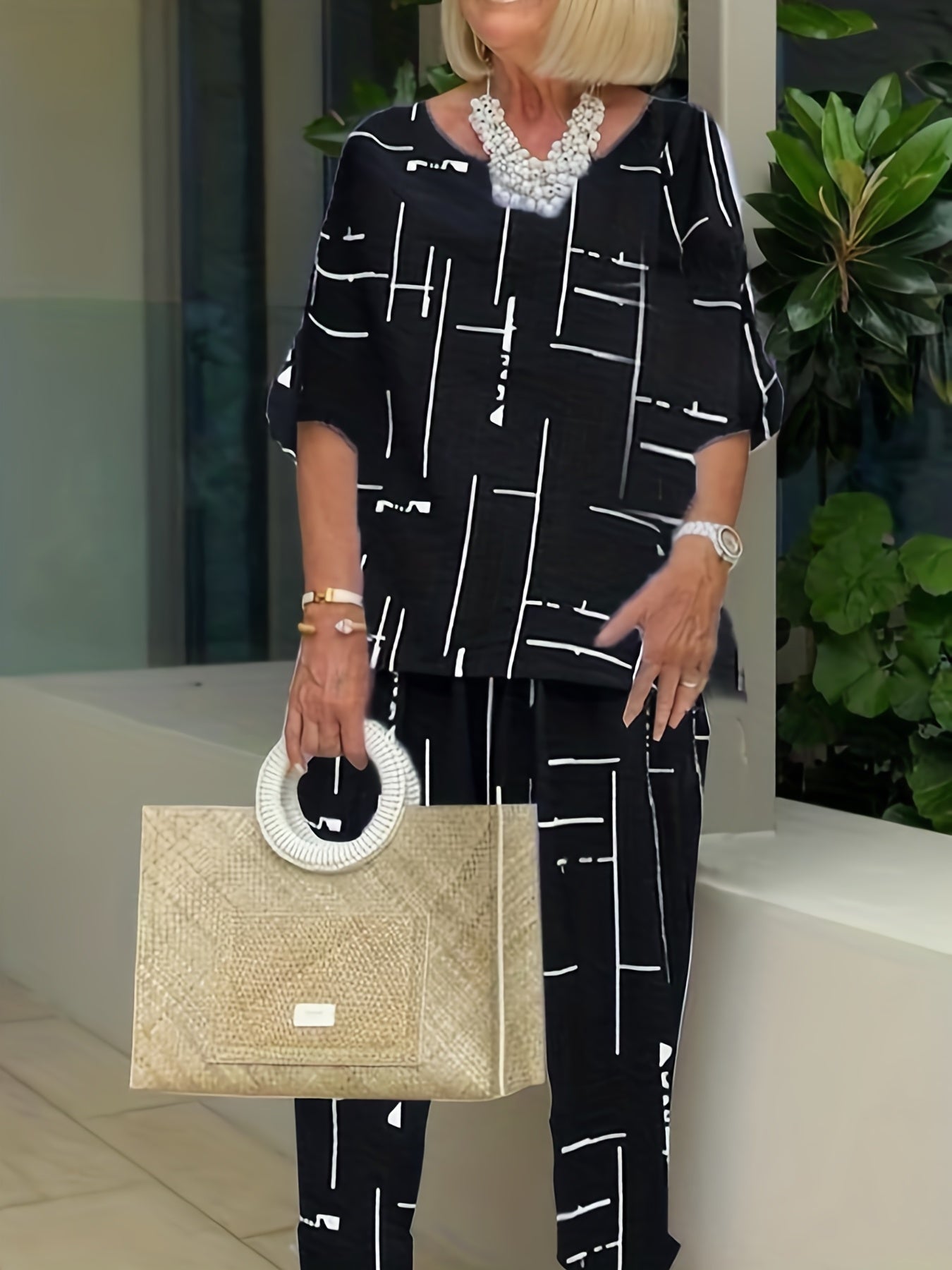 Women's Plus Stripe Print Tee & Pants Two Piece Set