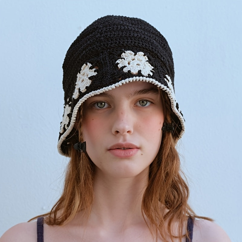 Flower Crochet Bucket Hat Thin Beanie Lightweight Block Cl
