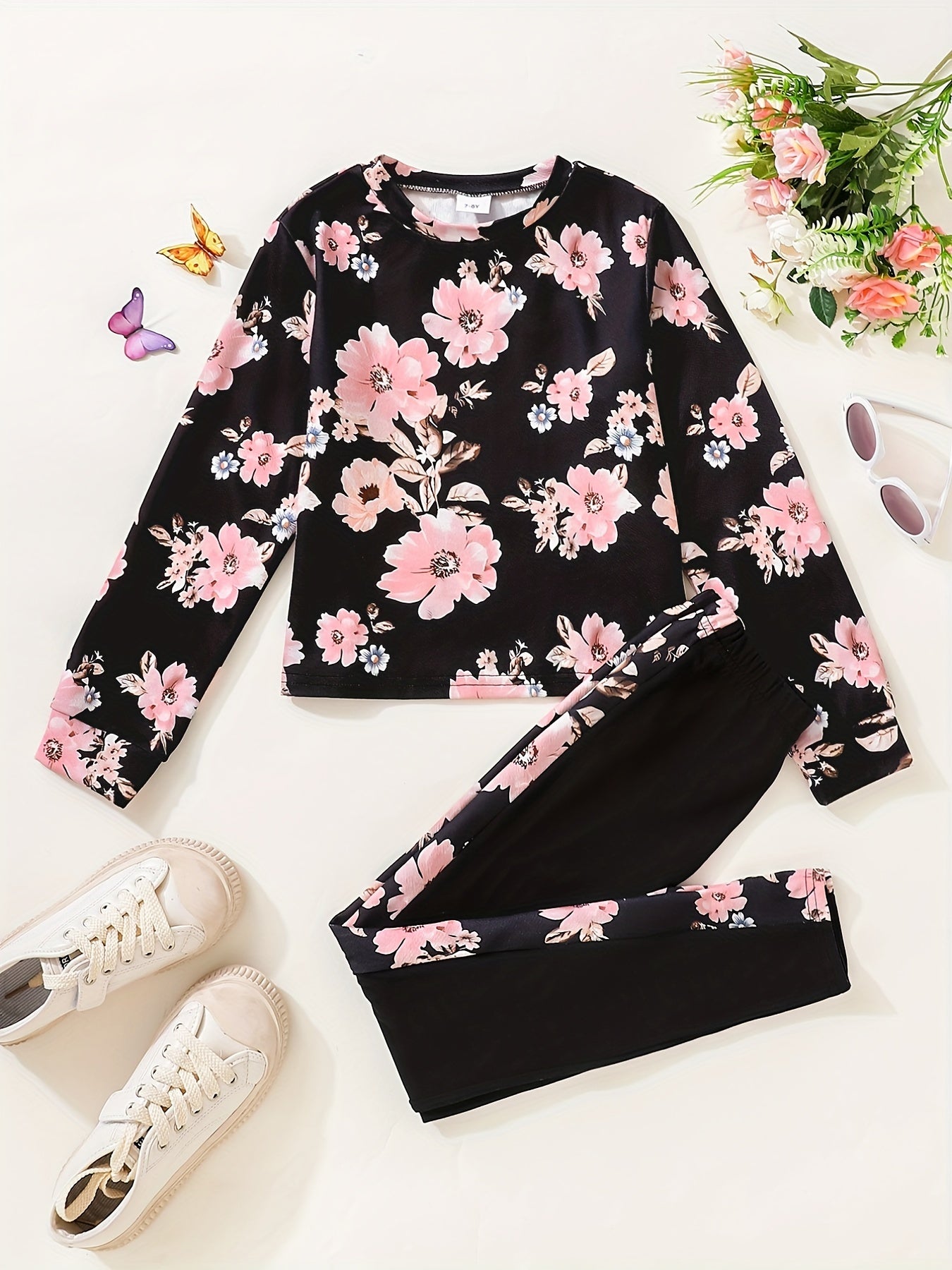 Girl's Floral 2pcs Sweatshirt & Leggings Set for Spring Fall