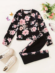 Girl's Floral 2pcs Sweatshirt & Leggings Set for Spring Fall