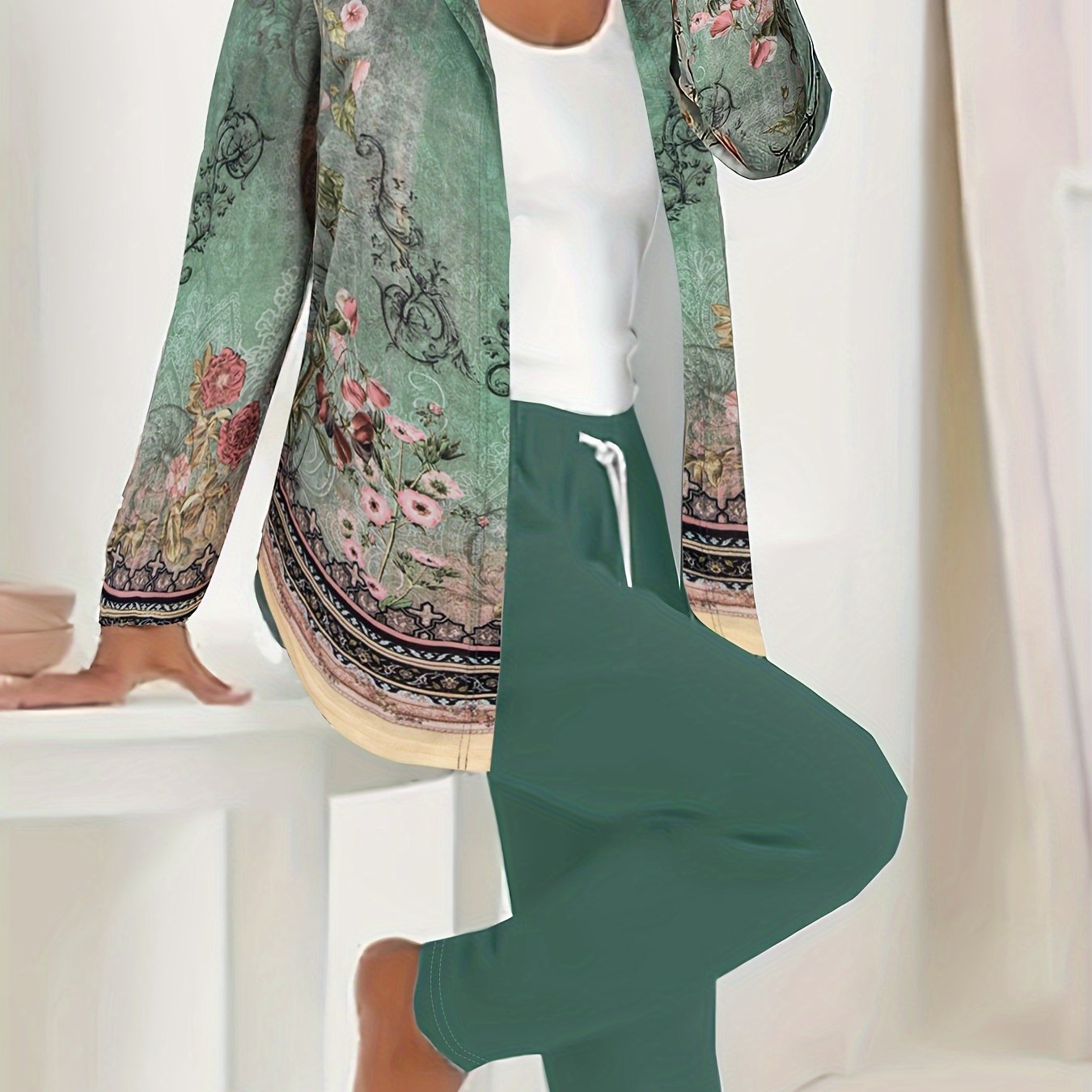  Floral Print Hooded Cardigan & Drawstring Pants 2 Piece Set