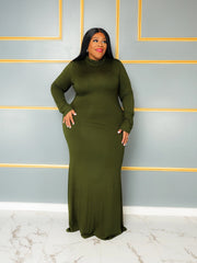  Solid Long Sleeve High Neck Stretch Dress
