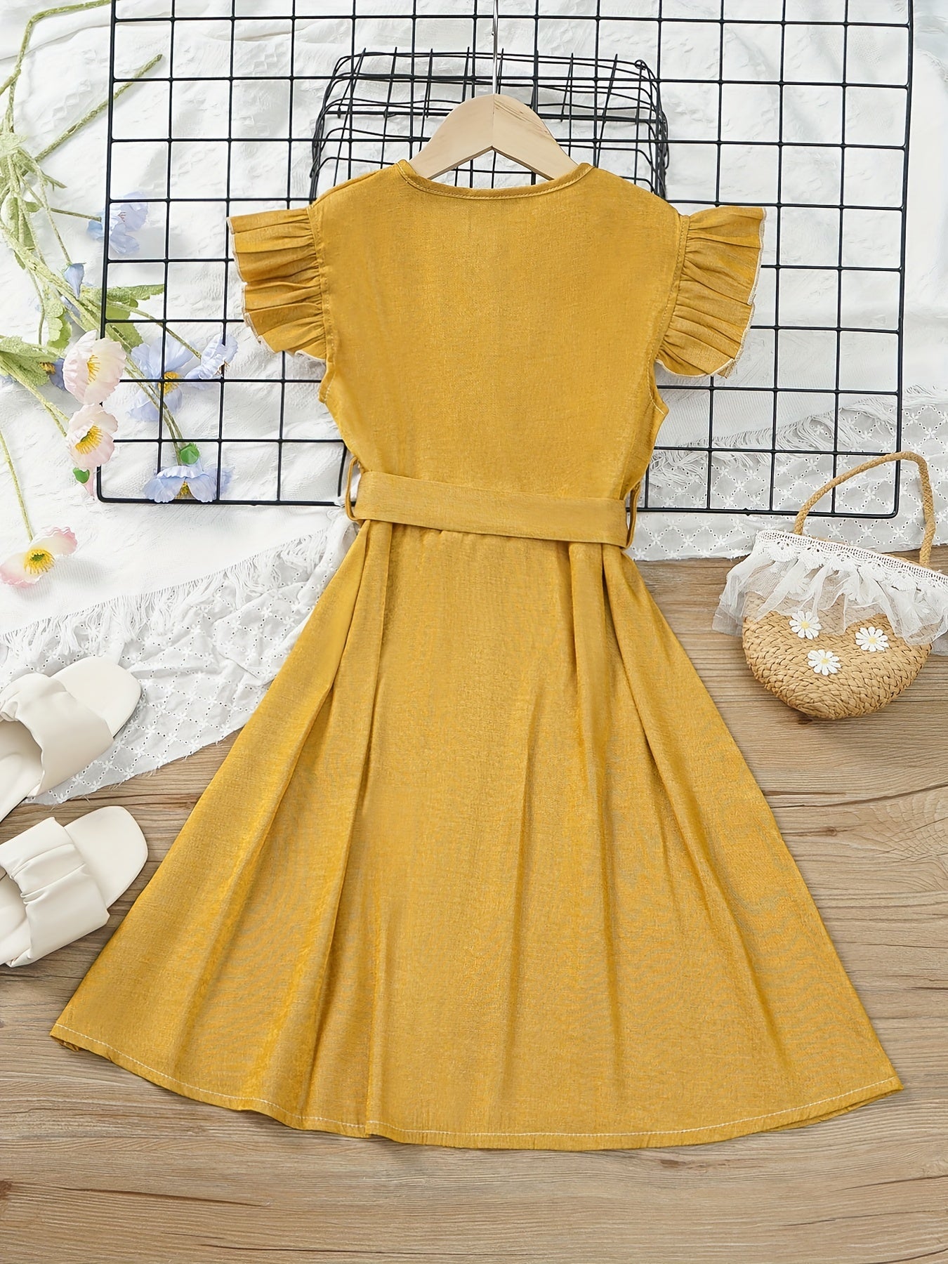 Toddler Girls Butterfly Sleeves Belted Dress