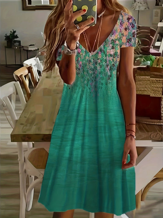 Floral Print V Neck Dress Plus Size Short Sleeve