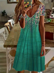 Floral Print V Neck Dress Plus Size Short Sleeve