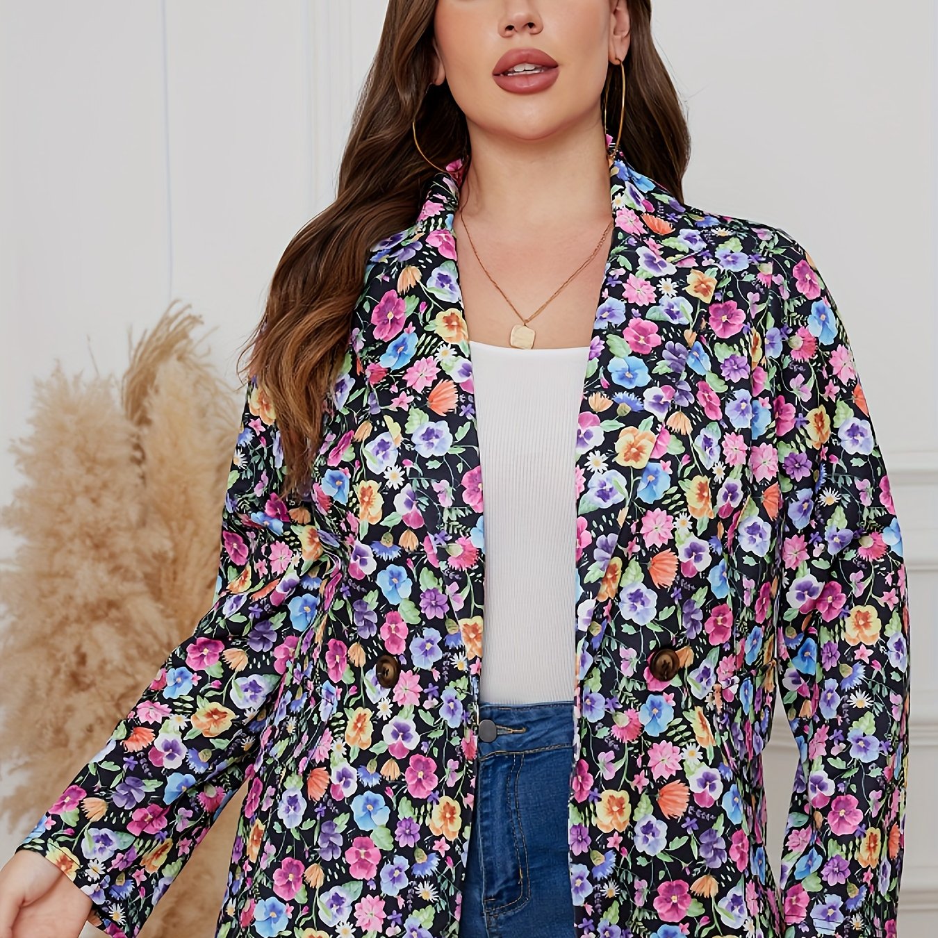  Floral Print Long Sleeve Blazer