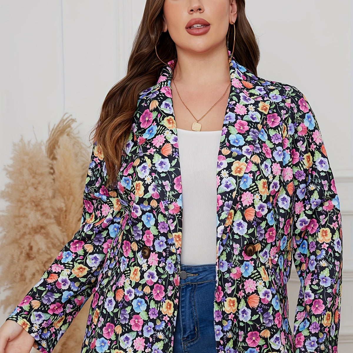  Floral Print Long Sleeve Blazer
