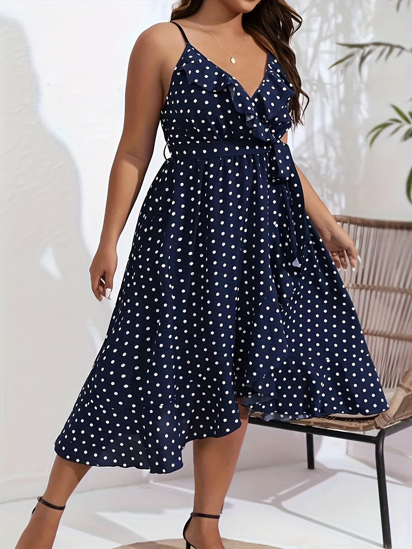  Polka Dot Ruffle V Neck Cami Dress
