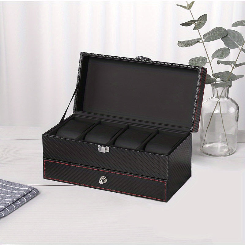 Men's 4 Slot Watch Display Box with Carbon Fiber Stand