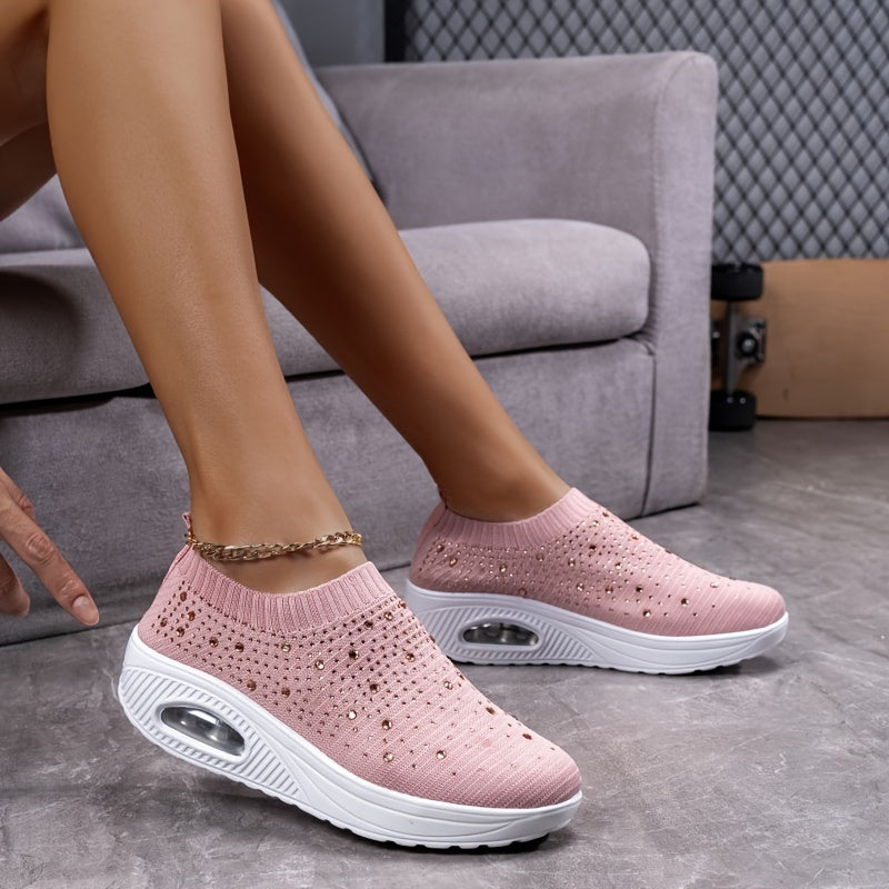 Women's Rhinestone Sporty Chunky Sneakers Fly Weaving Slip On Walking Shoes