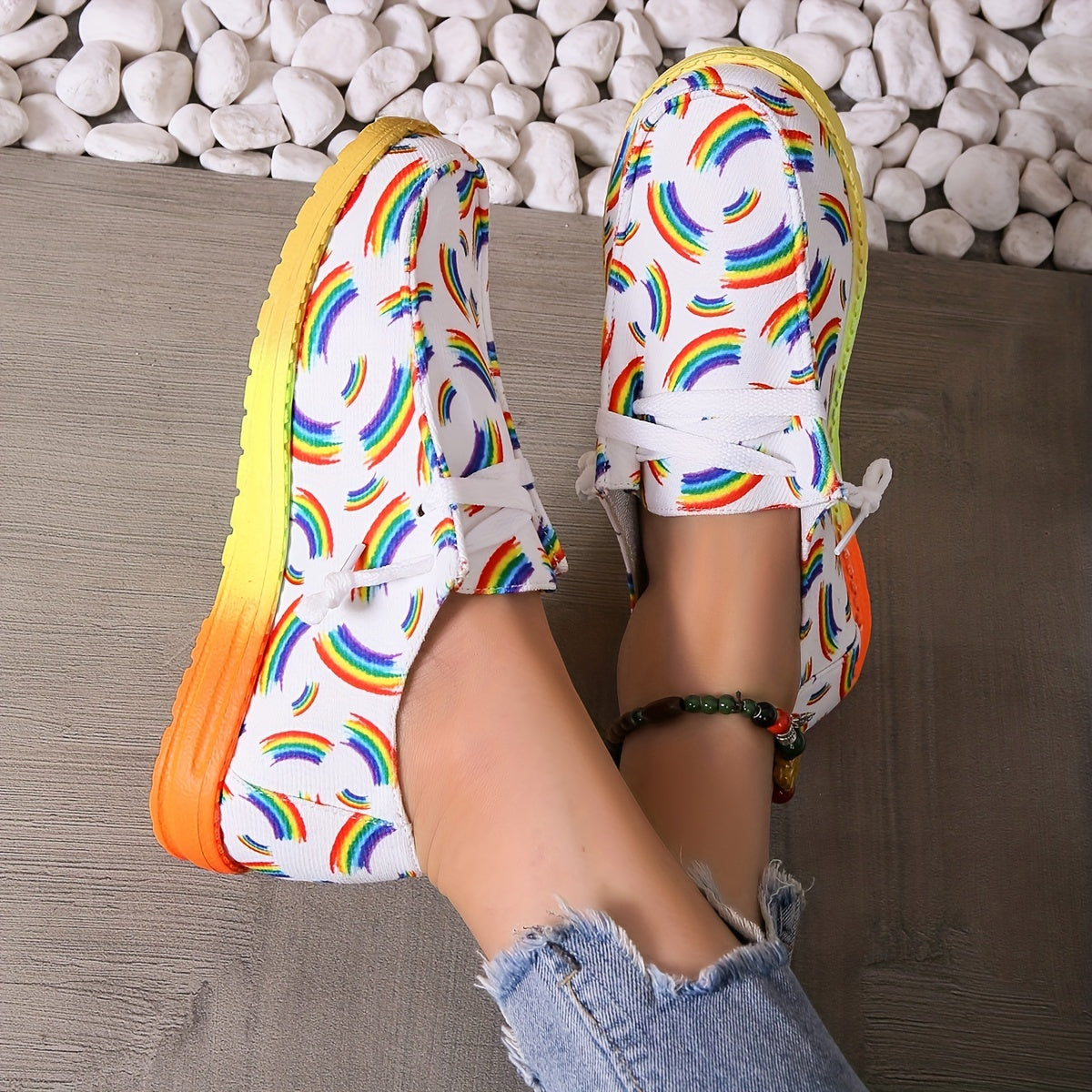 Women's Rainbow Print Canvas Shoes Casual Lace Up Outdoor Shoes