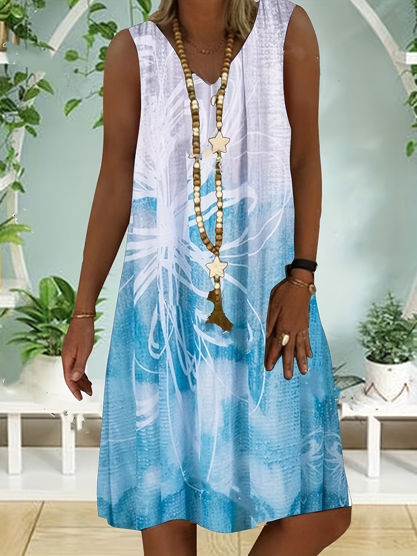  Floral & Ombre Print Tank Dress V Neck Stretch Knee Length