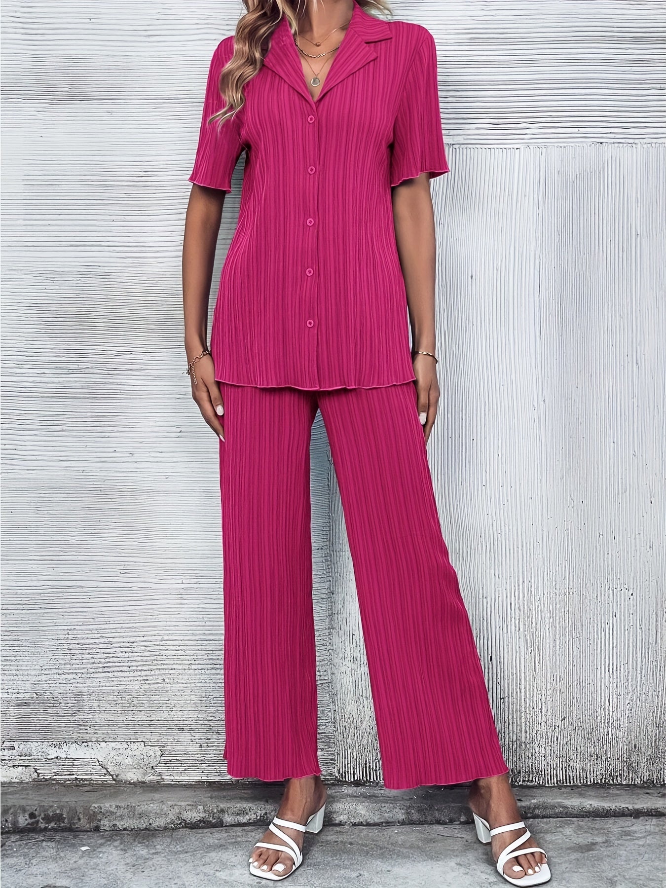 Solid Textured Casual Two piece Set Short Sleeve Button Blouse & Wide Leg