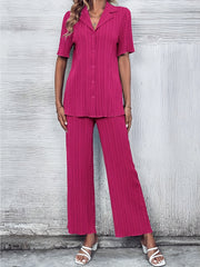 Solid Textured Casual Two piece Set Short Sleeve Button Blouse & Wide Leg