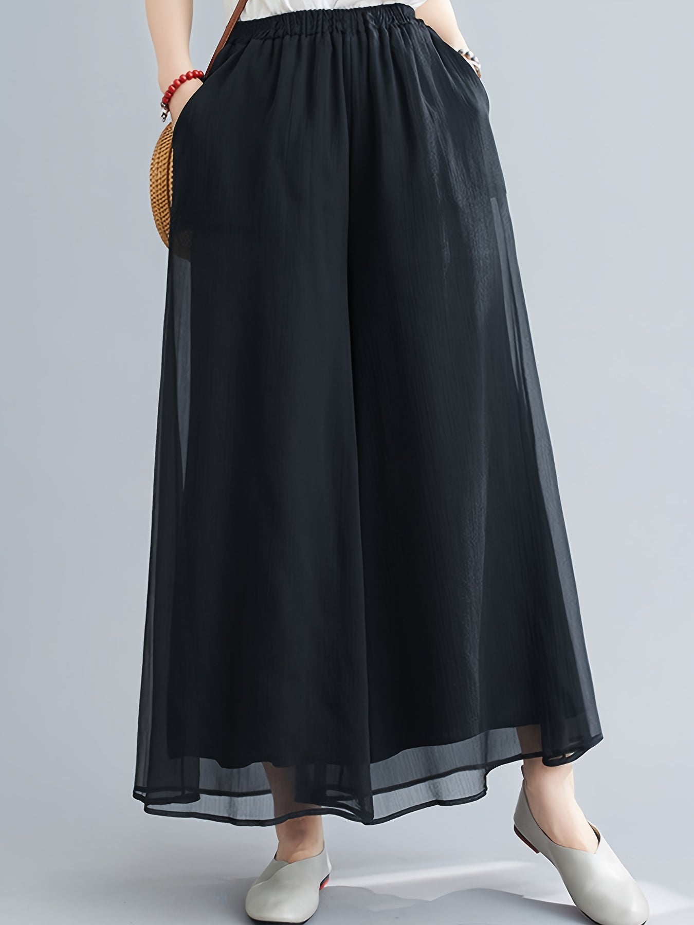  Mesh Overlay Wide Leg Trousers