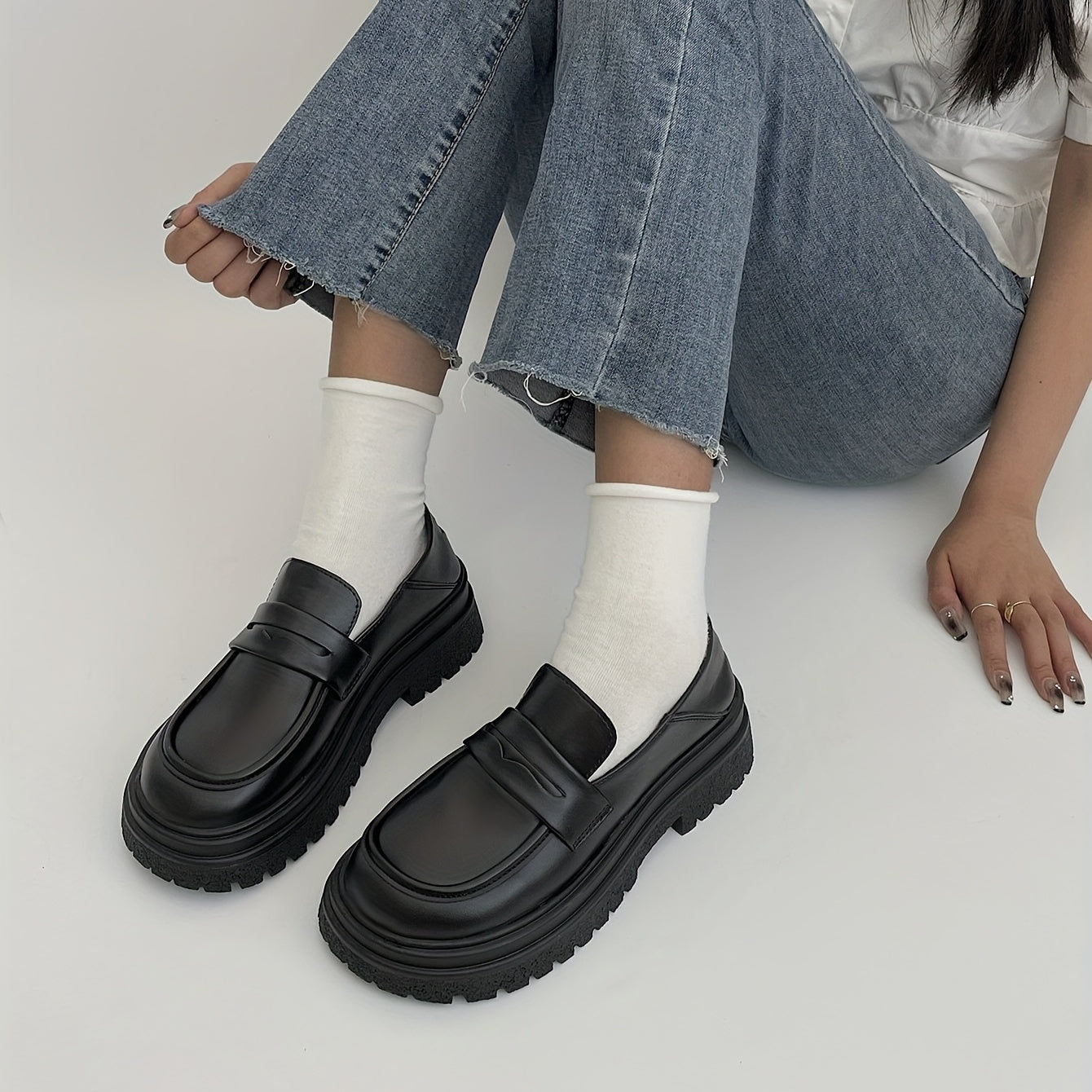 Women's British Style Loafers Slip On Chunky Shoes