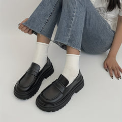 Women's British Style Loafers Slip On Chunky Shoes